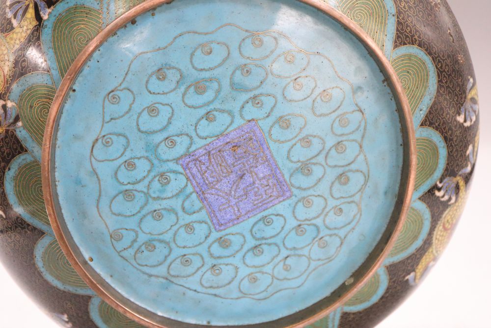 A large Chinese cloisonne enamel dragon bowl, Ming mark, 1920s, diameter 27cm